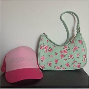 Claire's Pink and Green Floral Bag with Pink Cap Set